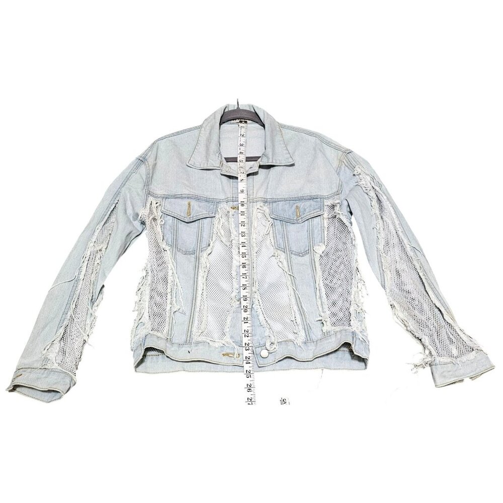 Distressed Light Wash Denim Jacket With Mesh Inserts Frayed Detailing & Button C - Picture 12 of 13
